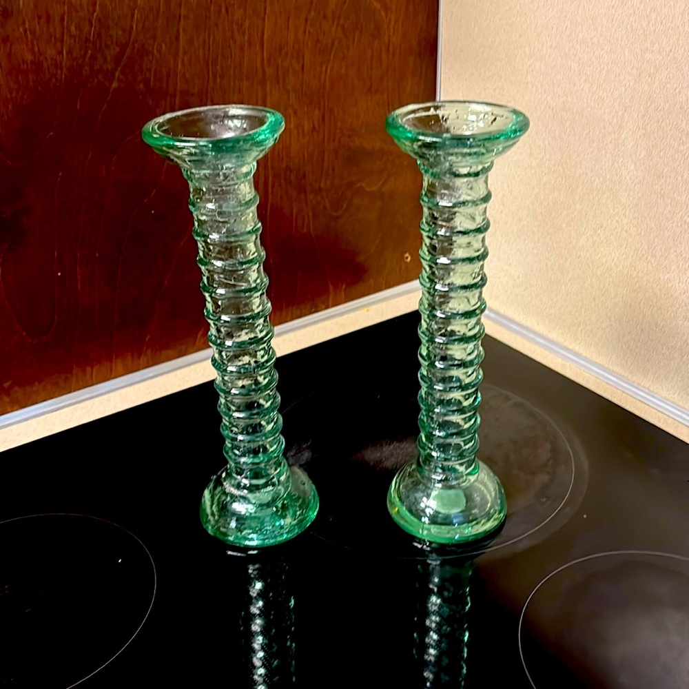 Vintage Recycled Glass Candlestick Holders Pair Made In Spain